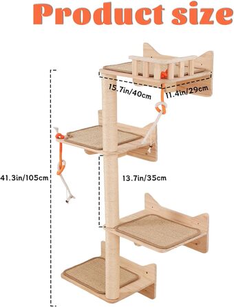 Кігтеточка на стіну MIUZMORE: 7 елементів, полиці та стійки з сизалю, кріплення, кігтешкреб для котів, компактні меблі для дому