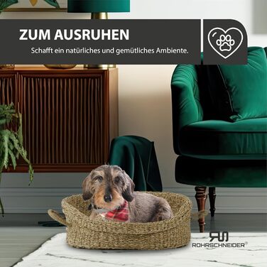 Корзина для собак Rohrschneider з ручками для маленьких та середніх собак | Ручна плетіння з морської трави, посилений високий борт | Знімний, пральний чохол | Розмір 1 (51 x 43 см)