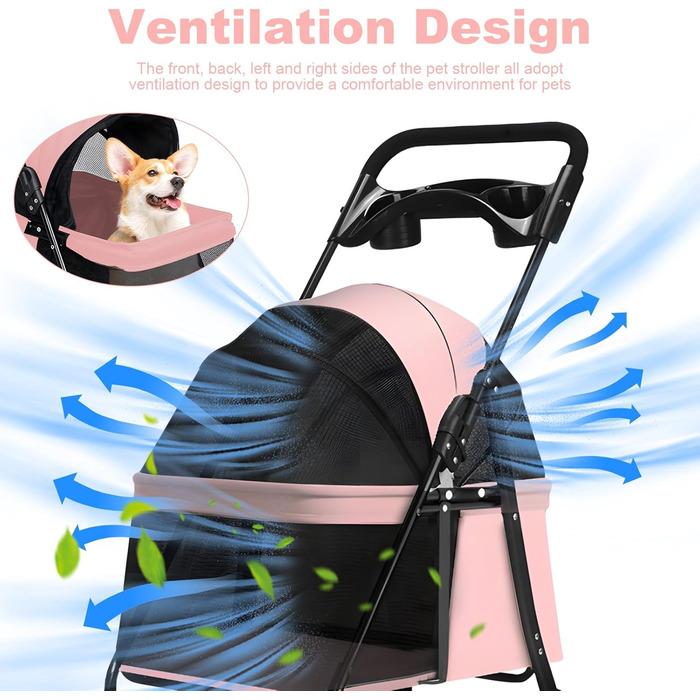 Kamulouk Візок для собак з 4 колесами, туристичний, для вигулу домашніх тварин, з тримачем для напоїв, універсальний для котів та собак, з дихаючою сіткою, для середніх та маленьких собак (Рожевий)