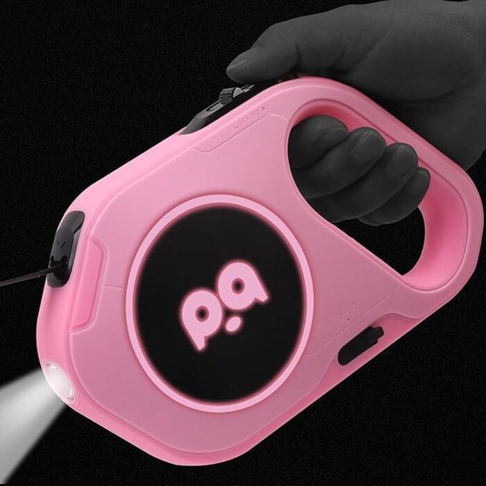 Висувна поводок для собак з LED-підсвічуванням, гальмом та системою швидкого розблокування. 5м нейлоновий поводок для собак середніх та маленьких порід (до 40 кг). Білий/Рожевий колір