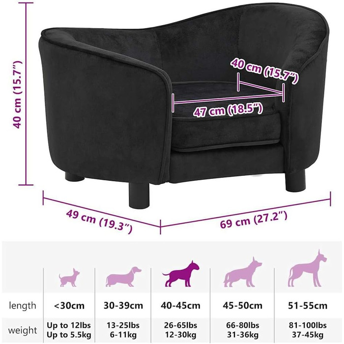 Софа для собак VidaXL чорна 69x49x40 см, м'яке ліжко для собак/кішок
