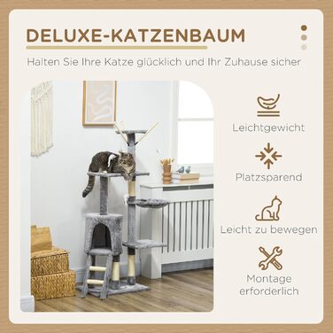 Кігтеточка PawHut для котів, 134,2 см, багатоярусна з печерою, 2 іграшки, сизаль, велика платформа, сходи, сірий+білий