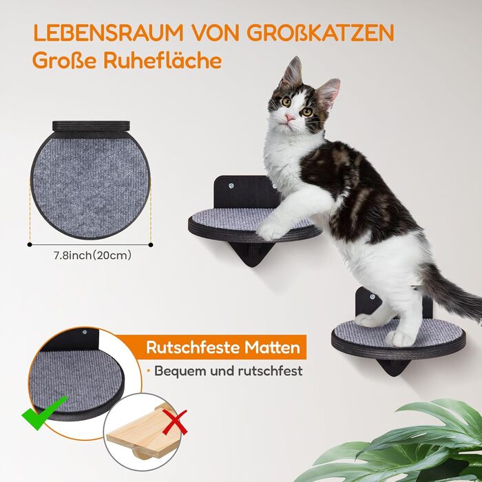 Кліматична стіна для котів XXL з берези | Набір з 3 сходинок з дряпальною поверхнею | Сходи для котів на стіну | Сітка для лазіння котів (Темний колір)