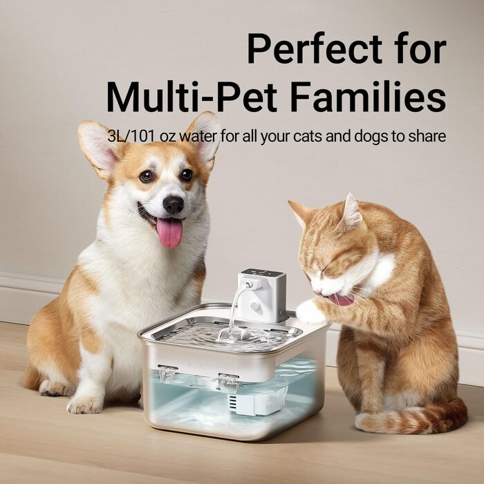 Ка fountain для котів DownyPaws: бездротовий фонтан з нержавіючої сталі, 3л, з датчиком руху, тихий, легко миється