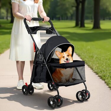 Візок для тварин для маленьких собак і котів, складаний, 4 колеса, легкий, з дихаючим мережем та тримачем для напоїв, чорний
