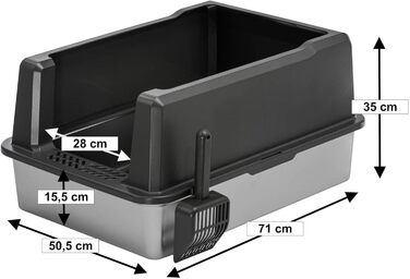 Набір з 2 котячих туалетів XXL з нержавіючою сталлю та бортиком 71 x 50,5 x 35 см сіро-срібного кольору, включаючи лопатку