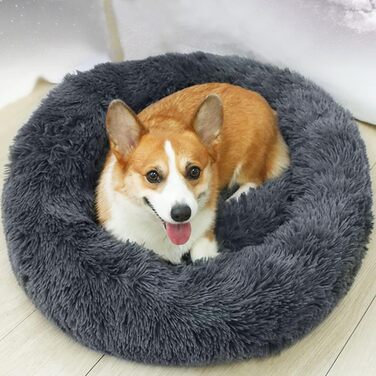 М'яке кругле ліжко для собак та котів 60 см – зручне лежанка-пончик для маленьких собак та котів, миється, не ковзає, плюшеве ліжко для тварин, сірий (L 50 x W 50 x H 20 cm, темно-сірий)