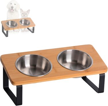 Підвищена годівниця для котів, ергономічна миска для котів, годівниця з кераміки та дерева, піднята годівниця для котів та маленьких собак (бамбук - нержавіюча сталь)