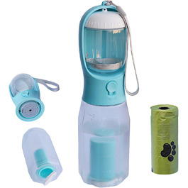 Водяна пляшка для собак PANJAL 600 мл, 4-в-1, витокозахисна, без BPA, з дозатором пакетів та відділенням для ласощів, з фільтром – для прогулянок, походів, подорожей, блакитна