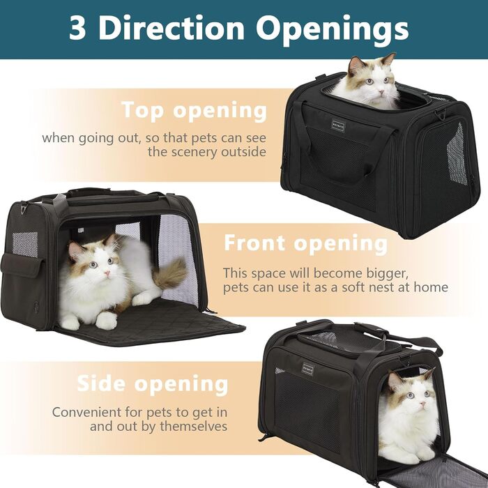 Транспортна сумка для котів та собак Petsfit - складана переноска для тварин з м'яким килимком, 47.5 x 33 x 33 см, чорна