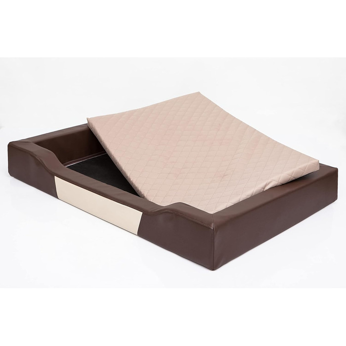 Ліжко для собак, лежанка для собак, диван-лежанка для собак, подушка для собак, місце для відпочинку, матрац для собак, хатинка для собак, місце для собаки, кошик для собак, лежанка для собак 93x62 см (XXL, коричнева ЕКО-шкіра, бежевий матрац)