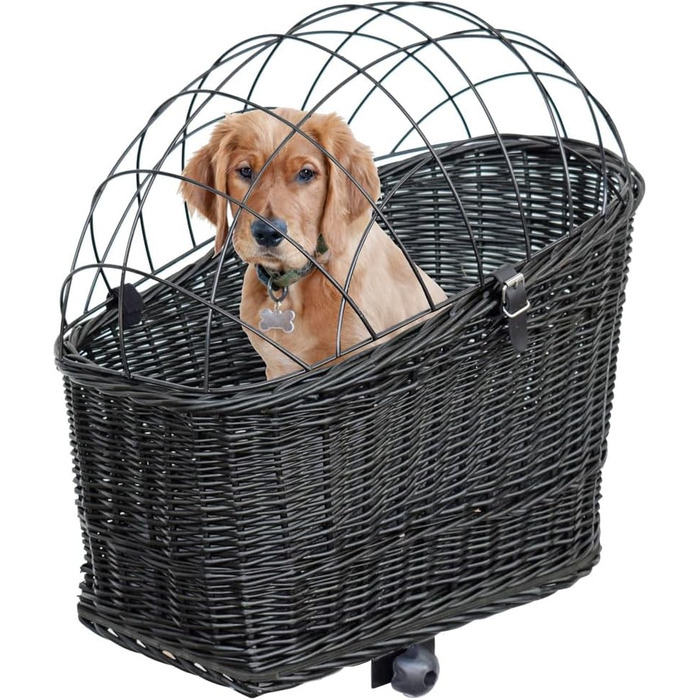 Корзина для собак на велосипед – ручної плетіння з лози, з ґратчастою кришкою, кріпленням для багажника та знімним подушечкою. Розмір: 60 x 39 x 50 см, колір чорний (венге), XL