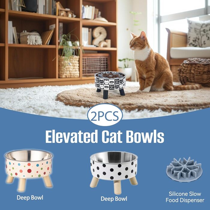 Набір з 2 мисок для котів з повільним годуванням, широкі, з нержавіючої сталі, пластикова підставка, силікон, повільний годівник, зручні для вусів, миска для води та корму для домашніх тварин, годівниця для котів