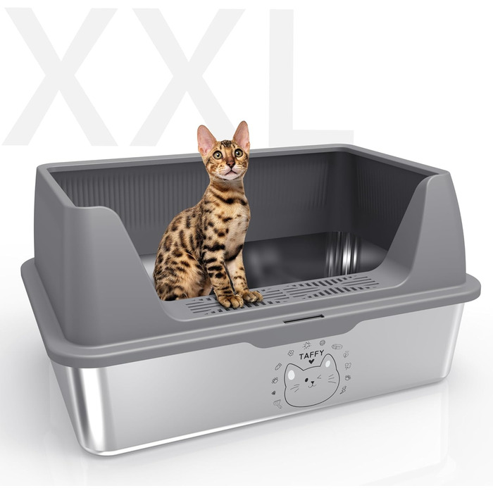 Котячий туалет із нержавіючої сталі XXL 20л з кришкою, великої місткості, з наклейками, проти протікань і розбризкування, легке очищення, 60x40x30 см