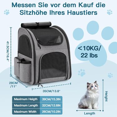 Рюкзак для тварин до 10 кг з сіткою, дихаючий, з лінійкою безпеки та килимком - сірий
