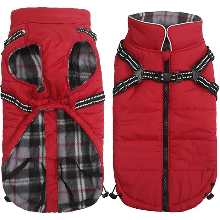 MOREZI Зимова куртка для собак, водонепроникна, з флісовою підкладкою, блискавкою на спині, світловідбиваючими смугами та ременями, для маленьких та середніх собак - Червоний, M (довжина спини: 34 см)
