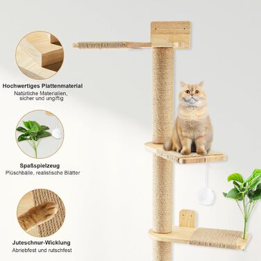 Кігтеточка для котів Youyijia 206 см з натурального каучукового дерева, 5 ярусів, настінна, з розширеною основою, плюшевими кульками, 360° обертання, XXL кігтеточка для котів