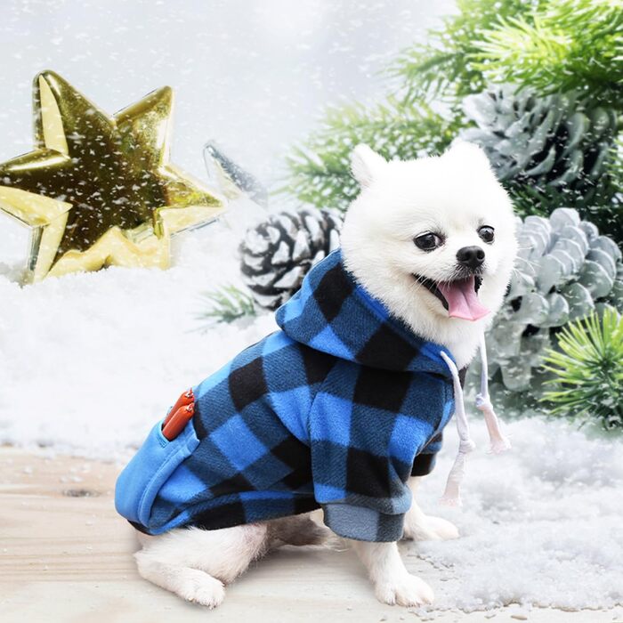 Теплий зимовий пуловер для собак з капюшоном, в клітинку, з кишенею на блискавці, розміри S-5XL, чорно-синій, бавовна