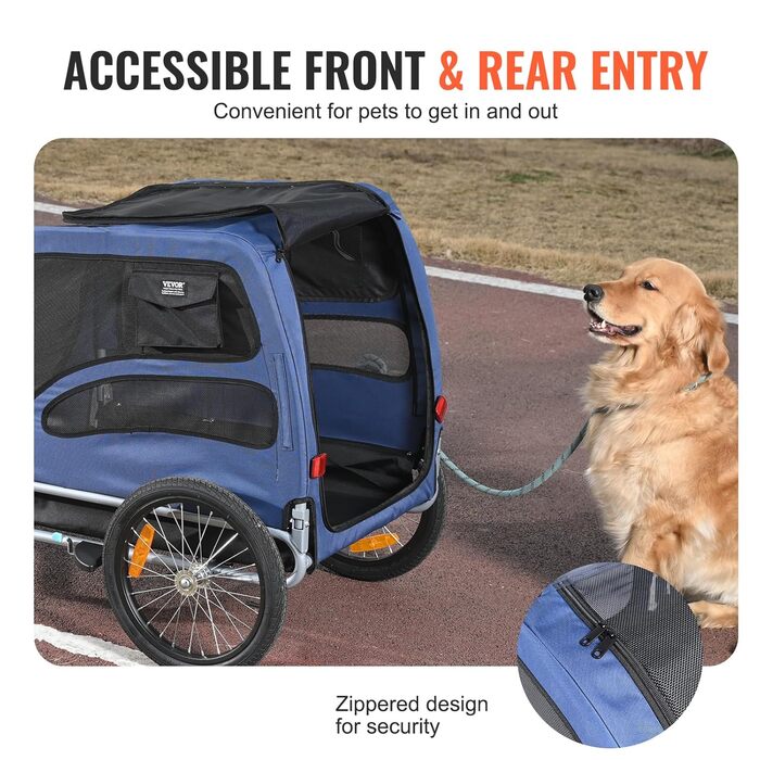 Фаркоп для собак VEVOR 30 кг 2в1: велосипедний причіп, візок для дітей, бугі для собак, джогер. Матеріал: вуглецева сталь, Oxford 600D, PP. Розміри: 1440 x 720 x 779 мм (причіп), 1400 x 720 x 830 мм (візок).