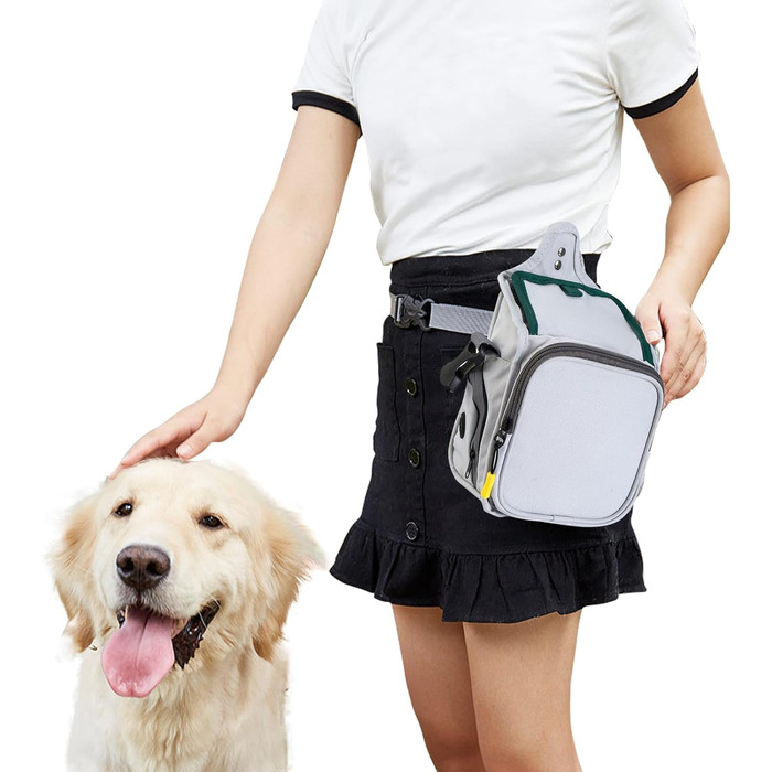 PETCUTE Сумка для дресирування собак, міцна сумка для ласощів, сумка для перенесення відходів, регульований плечовий ремінь, поясна сумка, кліп (білий, сірий+темно-зелений)
