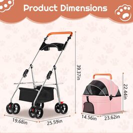 Дитяча коляска для домашніх тварин Simcat: для собак та котів, складна, з колесами на 360°, рожева