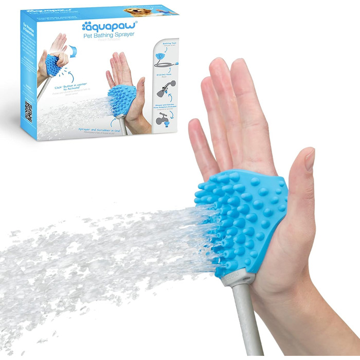 Насадка для миття та душу для собак Aquapaw | Швидке та легке миття, масаж та догляд за тваринами в приміщенні та на вулиці | Включає шланг та скребок для собак - блакитний