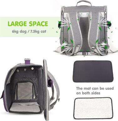 Рюкзак для тварин PETCUTE: переноска для собак та котів, знімний килимок, безпечний ремінь, зелений (фіолетовий)