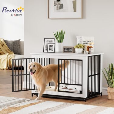 Кія для собак PawHut - переносна будка для собак, біла, 95 x 60 x 68,5 см, з поворотними мисками