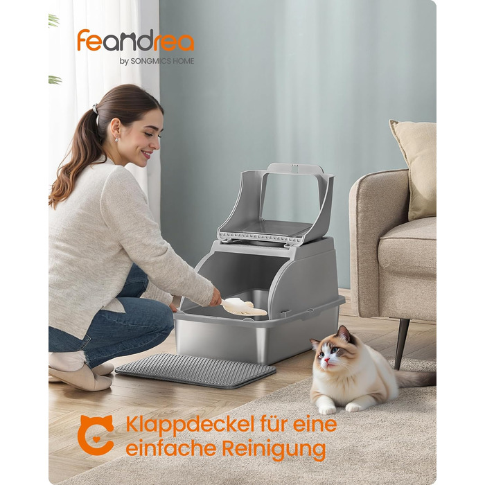 Сталевий лоток для котів Feandrea XL з кришкою, для великих котів до 15 кг, колір: голубино-сірий