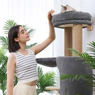 Котячий комплекс FUKUMARU 188 см, настінний, з лежаком, кігтеточкою, щіткою та джутовим килимком, з натурального каучукового дерева, темно-сірий