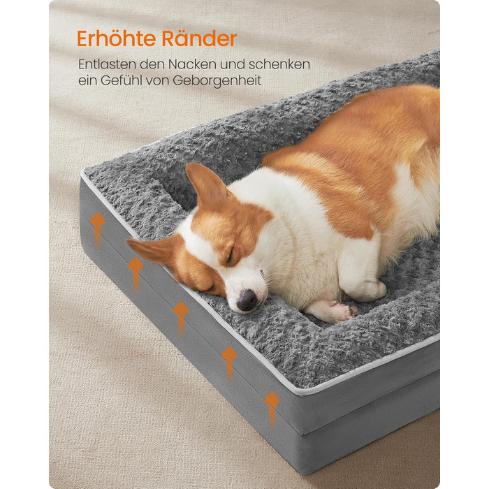 Ортопедичне ліжко для собак Feandrea середнього розміру, вологостійке, знімний плюшевий чохол, 91 x 68 x 16 см, сірий PGW252G02 L