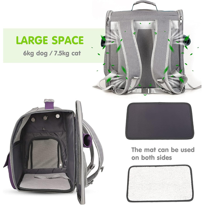 Рюкзак для тварин PETCUTE: переноска для собак та котів, знімний килимок, безпечний ремінь, зелений (фіолетовий)