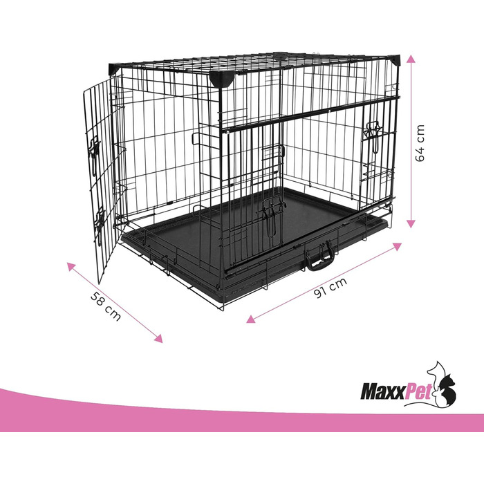 MaxxPet Клітка для собак 92x58x64 см, металева, складна, двоє дверей, чорна – транспортна клітка для авто і дому, для собак і котів