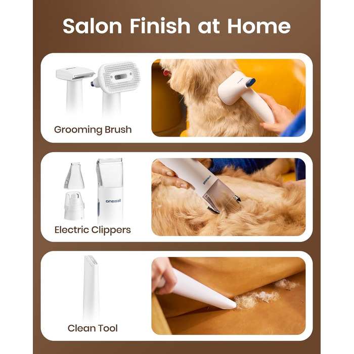 Машинка для стрижки собак Oneisall з пилососом, 15000 Па, видаляє 99.99% шерсті, тиха, 6 насадок для догляду за тваринами