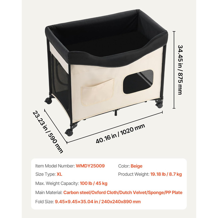 Підвищене ліжко для домашніх тварин VEVOR (XL), складне ліжко для собак з тканини 600D Oxford та голландського оксамиту, портативне дитяче ліжко з колесами та боковими кишенями, бежеве
