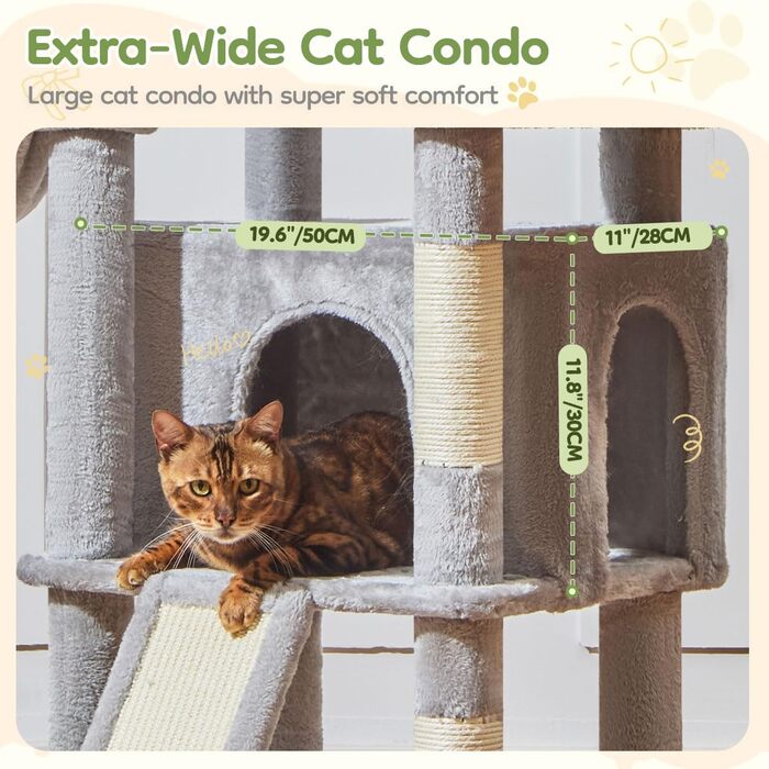 Дерево для котів Taoqimiao 183 см, велике XXL, з будиночком, гамаком, стійке, сірого кольору MS045W