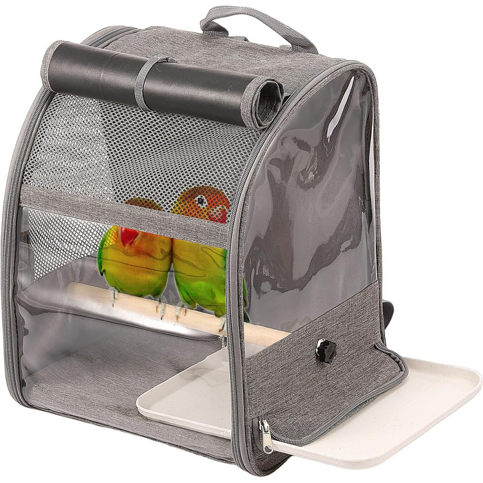 Рюкзак для птахів: переносна сумка-транспортер з жердинами та підставками, сірий. Підходить для папуг та інших середніх та дрібних птахів. Зроблений з дихаючої та міцної тканини Оксфорд.