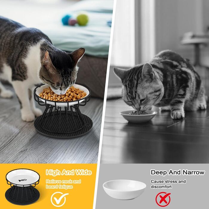 Підвищені миски для котів 2 шт. з підставки, керамічні миски для корму та води, чорні