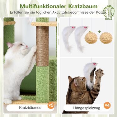 Драбина для котів Globlazer 204 см з 3 будиночками, 2 великими платформами, 3 м'якими кошиками, стабільна, для 3-5 котів, відпочинок, ігри, дряпання, зелений (XXL)