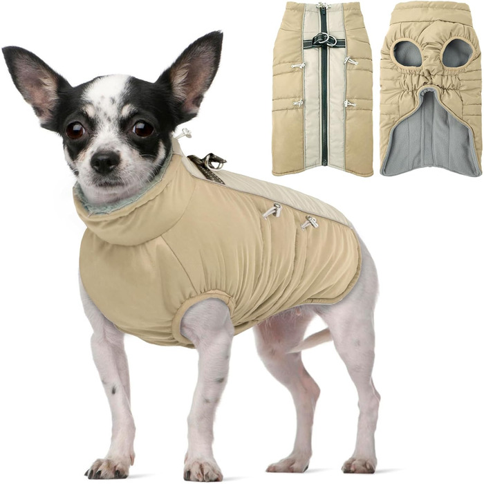 Водонепроникний теплий зимовий одяг для собак - куртка-манжетка з отвором для шлейки, армійський камуфляж, для собак маленьких, середніх та великих порід, з світловідбиваючими смугами, блискавкою (S, Абрикосовий)