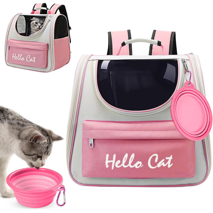 Рюкзак для тварин Surmounty з сітчастим вікном, складний рюкзак для кота/собаки з мискою для їжі та води, водонепроникний оксфорд, об'єм до 15 кг, рожевий