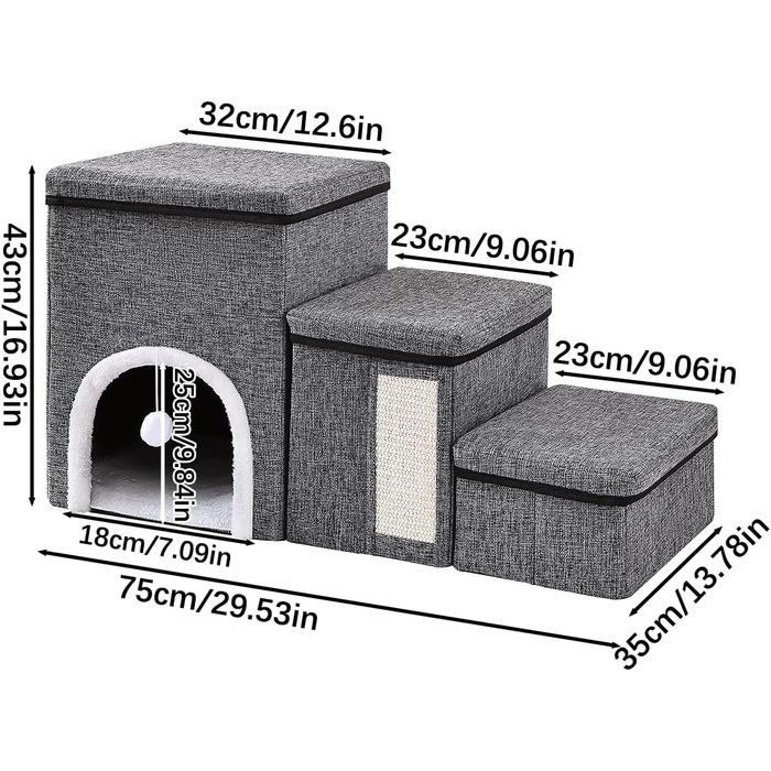 Сходинки для собак маленьких порід, 43 см, 3 сходинки, складаються, з которачкою, протиковзке покриття, до 50 кг, сірі