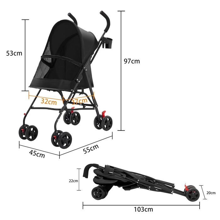 Дитяча коляска для тварин з підстаканником, переносна сумка для маленьких собак та котів, складна, до 15 кг (Чорний)