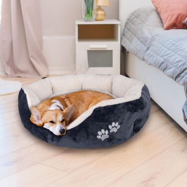 М'яке та пухнасте ліжко для собак та котів 57x52x16 см - зручне лежання з підвищеним бортиком, антиковзаюче дно, міцне та легке у догляді - біле/графіт