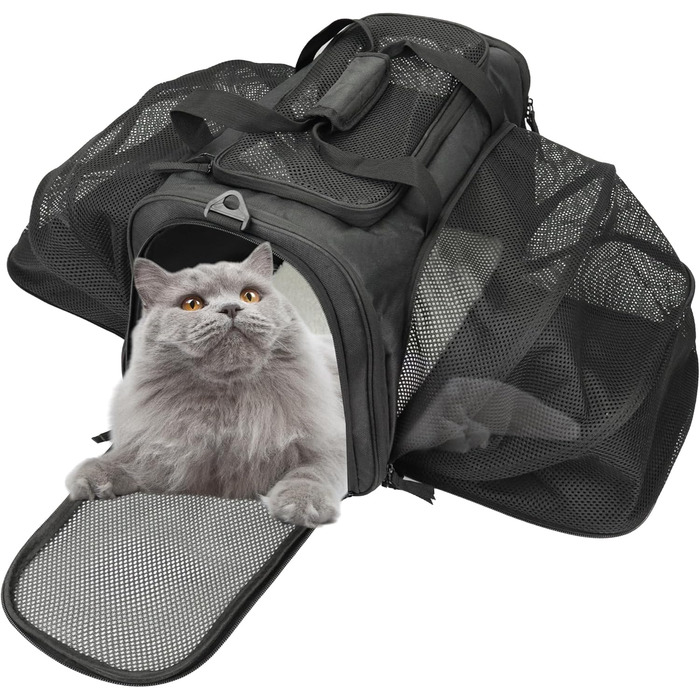 Транспортна сумка для котів та собак, переноска, дихаюча та легка, переноска для котів з регульованим плечовим ременем, знімна подушка (Чорний, XL)