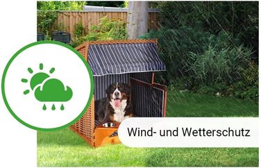 Клітка-лежанка для собак Outgarden з дерева, з водою/мискою та захисним чохлом, чорна з синьо-білими вставками, для малих собак