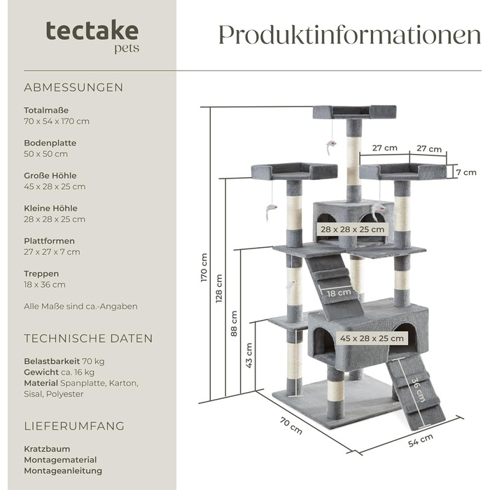 Велика когтеточка для котів tectake, 2 будиночки, 4 іграшкові мишки, 2 драбинки, стовпчики з сизалем, настінне кріплення, сіра