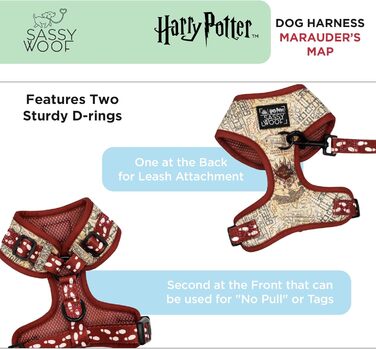 Регульована шлейка для собак Sassy Woof Harry Potter™ Marauder’s Map XL, дихаюча сітка, подвійний D-кільця, не тягне, для великих собак, офіційна