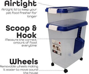 DIVCHI Контейнер для зберігання корму для тварин 3в1 з мірною ложкою, синій. Підходить для собак, котів та інших тварин. Герметичний, з роликами, для сухого корму.