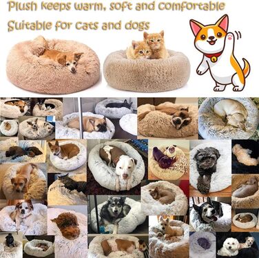 Кругле ліжко для собак FANSU з м'якого плюшу, ковзаюча база, ліжко для котів у формі пончика, розмір та колір обираються (градієнт сірий, 60 см), 60 см, градієнт сірий